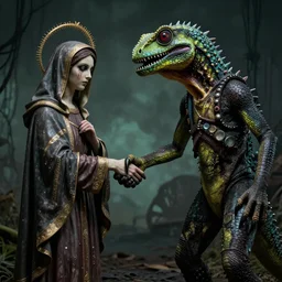 A scary lizard person shaking hands with a religious icon, horror