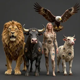 four living creatures that had eyes all over their bodies, in front and behind. The first of them looked like a lion; the second looked like a bull; the third looked like a human being, and the fourth looked like an eagle in flight. Each one of these living beings had six wings, and eyes on all sides, and they did not stop singing day and night, hiperrealista, unreal engine 5, cinema4D, octane render Detailed, cinematographic, artstation Greg rutkowski