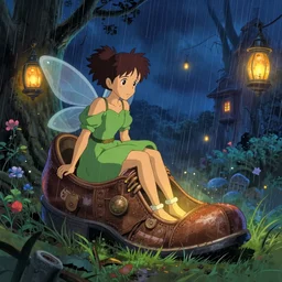 a fairy living in an old shoe, house lights, rain, glowing lights, epic fantasy, colorfully, digital art, highly saturated colors, concept art, detailed illustration, hd, 4 k, digital art, greg rutkowski, dan mumford, studio ghibli trending on artstation