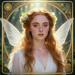 2 8 mm headshot of a beautiful sophie turner ethereal magical young winged fairy princess wearing a white robe and flowers in her hair in a fantasy garden, d & d, fantasy, intricate, rim light, god rays, volumetric lighting, elegant, highly detailed, digital painting, artstation, concept art, smooth, sharp focus, illustration, art by greg rutkowski, maxfield parrish and alphonse mucha, new art nouveau, soft ambient lighting, tarot card