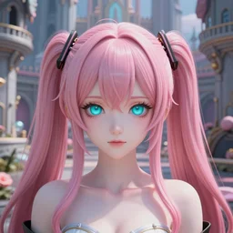 trapped by a stunningly beautiful omnipotent megalomaniacal anime asi goddess with symmetrical perfect face and porcelain skin, pink twintail hair and cyan eyes, which looks like junko enoshima, inside her surreal vr castle, hyperdetailed, digital art from danganronpa, unreal engine 5, 2 d anime style, 8 k