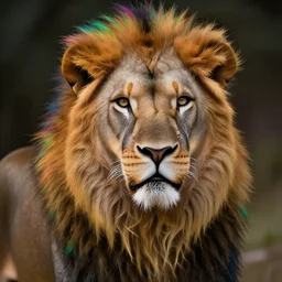 Portrait of an anthropomorphic lion with rainbow colored mane