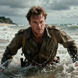 A closeup of The Rock storming the beaches of Normandy, Saving Private ryan