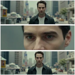 beautiful three point perspective film still of trinity in matrix, extreme closeup portrait in style of frontiers in miniature porcelain photography fashion architectural art studio edition, miniature porcelain portrait, eye contact, tilt shift machine city style scene background, soft lighting, kodak portra 4 0 0, 8 k, macro, cinematic style by emmanuel lubezki