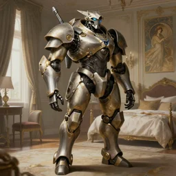 combat mech, bedroom, intricate clothes, elegant, highly detailed, digital painting, artstation, concept art, smooth, sharp focus, illustration, art by krenz cushart and artem demura and alphonse mucha