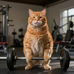 a SWOL ginger cat at the gym lifting weights, photorealistic,