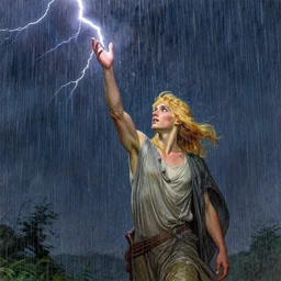 a demigod with blond hair standing in a rainstorm raising her hand to summon a streak of lightning from the sky. Detailed masterpiece. Drawn by Norman Rockwell and Alphonse Mucha. Trending on artstation.