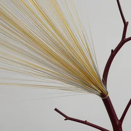 thousands of thin threads of translucent gold and silver chaotically unravel and twist away from a maroon branching structure, hyperrealistic