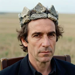 closeup portrait of a man with a crown made of stone and wire, sitting in a chair in an empty field, by Annie Leibovitz and Steve McCurry, natural light, detailed face, CANON Eos C300, ƒ1.8, 35mm, 8K, medium-format print