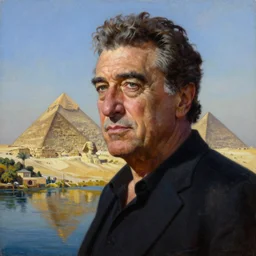 portrait oil painting of the silhouette of robert de niro in the nilo river, egypcian, pyramids, nilo river, water reflection, ultra realistic, intricate details, luminous skies, highly detailed, michael cheval, peter mohrbacher, boris vallejo, jessica rossier, oil painting, highly detailed, cinematic lighting
