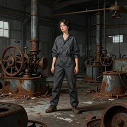 dark moody photo of a female mechanic standing on a derelict factory floor with old rusting machinery, elegant, highly detailed, smooth, sharp focus, illustration, beautiful, geometric, art by Tom Bagshaw
