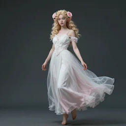 a beautiful young girl, pale, turquoise eyes, curly blond, angle face, pointed ears, roses in her hair, realistic, fairy look, long white hyperdetailed dress in pale pink and white, full body floating, cinematic, trending on art station