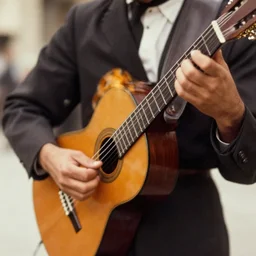 technicolor photograph, zoomed in shot of spanish guitar player on street, telephoto lens, vintage photograph, historical archive