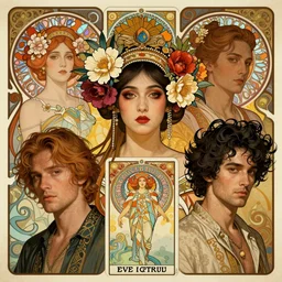 face portrait of a beautiful mysterious balinese with flowery headgear, by eve ventrue, michael carson, andreas rochas, john watkiss, casey weldon, artgerm. art nouveau. tarot card by mucha. gloomhaven. swirly intricate linework background. gaudy colors, sharp edges. octane render