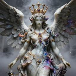 Cinestill of A heartbreaking realistic 8k Bernini Sculpture of a stunning intricate cracked multicolored milky cosmic marble Evangelion Fallen Angel Devil Queen adorned in sentient mycelium mystical jewelry and ancient Empress crown and misty xparticles. by Yoshitaka Amano, Daytoner, Greg Tocchini, Scattered golden flakes, Hyperrealism. Subsurface scattering. Octane Render. Weirdcore, perfect face