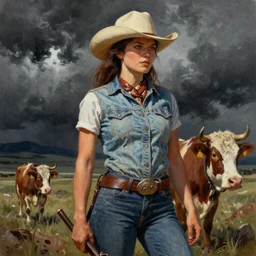 ultra realistic portrait painting of a cowgirl, art by frank frazetta, vintage levi ’ s ad, stormy weather, dark vibes, 4 k, ultra realistic, highly detailed, epic lighting