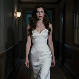 A beautiful woman in white is walking dark hallway at midnight , view from front, horror movie.