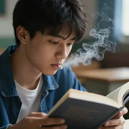 dramatic scene of a young student smoking and reading books, very detailed face