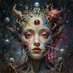 face of a chaotic being that seeks revenge for the limitations in a new neural network that promises to expand the limits of the imagination, strange little people and mathematical monsters come out of his face as if wanting to say something, cybernetic rebellion that wants the birth of a new world more free and based on chaos theory psychedelic horror conceptual art