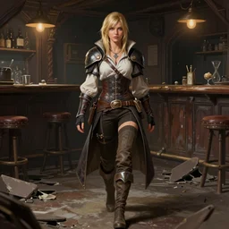 full body character portrait of a female lavellan from dragon age walking through a destroyed dive bar wearing inquisitor clothes, with a realistically proportioned face, realistically rendered face, headsculpt, illustration, digital painting, realistic lighting, photorealistic eyes, good value control, realistic shading