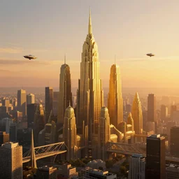 a colossal city at sunset, huge spines, art deco, bridges, flying machines, golden hour, dramatic lighting, metropolis by fritz lang, volumetric lighting, fluid, smooth, bright, colourful, high contrast, sharpness, very detailed, intricate, by hildebrandt brothers, frazetta, giorgio de chirico and botticelli and max ernst