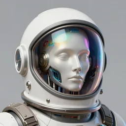 portrait of a biomechanical head inside a futuristic space helmet, vintage, neon, white metal, iridescent visor,  smooth, sharp focus, high detail, deviantart, art by Artgerm and Alphonse Mucha,