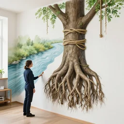 buttress tree roots, a female art pathologist in her apartment, a river flowing through the wall, hemp ropes, plants in glass vase, water, river, rapids, pig, canoe, pomegranate, berries dripping, acrylic on canvas, surrealist, by magritte and monet