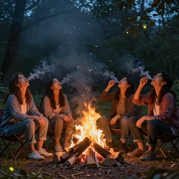 friends sitting around a campfire and burping up iridescent fireflies. Fantasy, high resolution.