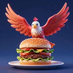phoenix eating a burger in the night sky, octane 3 d render