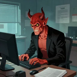 the devil working on the computer inside the office by steve ditko and greg rutkowski trending on artstation