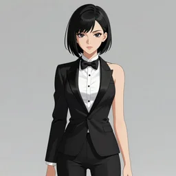 slim beautiful killer girl in tuxedo with short black hair, elegant, 2d, ultra highly detailed, digital painting, smooth, sharp focus, artstation, black and white art by Tsutomu Nihei