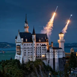 a magnificent castle in the night sky above ocean, launching missiles, sense of awe, breathtaking, extremely detailed