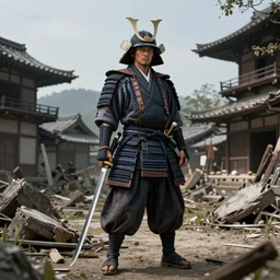 highly detailed samurai with katana standing in ruined Japanese village, epic, photorealistic, 8k octane render