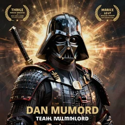 poster with portrait of samurai warrior darth vader with japanese samurai armour and mask by dan mumford