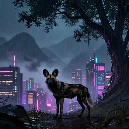 an african wild dog, silhouette against a cyberpunk cityscape, neon, mountains, mist, giant trees, heavy rain, by paul lehr