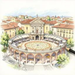 detailed color pencil and watercolor architectural drawing of the pizza plaza, italy.