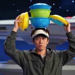 levar burton wearing retro visor and frisbees and plastic mixing bowls on his head on the starship enterprise