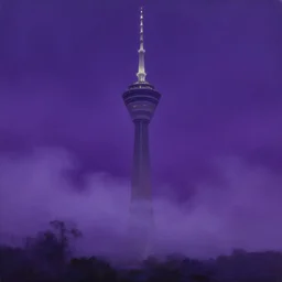 oil painting of a gigantic tower, surrounded by violet mist, midnight, 4 k, artstation