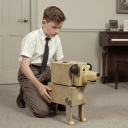 (((((1950s boy and his robot box shaped k9 dog. muted colors.))))) by Jean-Baptiste Monge !!!!!!!!!!!!!!!!!!!!!!!!!!!