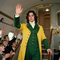 an image of a handsome archduke with fair skin, long, wavy dark brown hair and rusted metal colored eyes attending a royal tour in a medium full shot, vintage historical fantasy 1 9 3 0 s kodachrome slide german and eastern european mix. he is pictured waving to the spectators as he leaves a luxurious plane and descends a stairway. he is dressed in a green suit with yellow cardigan.