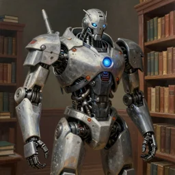 a hyper real comic book style portait painting of a mechanical robot in a library surounded by books, unreal 5, hyperrealistic, octane render, RPG portrait, dynamic lighting