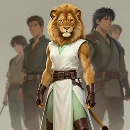 beautiful portrait of a female anthropomorphic lioness fursona wearing a sleeveless pale - white and pale - green jedi robe. leather gloves. leather boots. leather belt. character design by charlie bowater, ross tran, artgerm, and makoto shinkai, detailed, soft lighting, rendered in octane