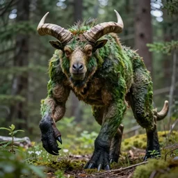 ((cryptid)) in banff national park, by Jason Edmiston, spotted muscular intrepid green horned beast, 4K HD, ultrarealistic, dappled lighting, obsidian hooves