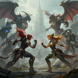 hyperrealism fantasy creatures fight scene with characters from league of legends portrait, camille corot, digital art, wallpaper of an fantasy fight, background of sci fi city in fog, diffused lighting, extremely detailed, 8 k, sharp, trending dop hdr