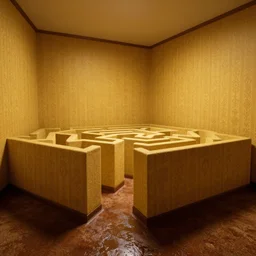 a maze like room with yellow wallpaper and wet carpet