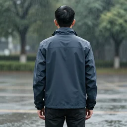 a man in a jacket with his back to the camera standing in the rain. pencil sketch.