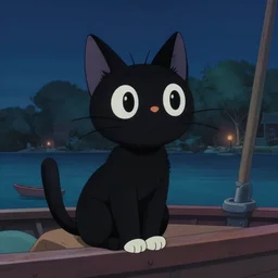 a wholesome animation key shot of a black cat! on a boat! close to the shore in the night, medium shot, studio ghibli, pixar and disney animation, sharp, rendered in unreal engine 5, anime key art by greg rutkowski, bloom, dramatic lighting