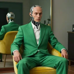 bald man in a green suit is sitting in a yellow chair with cybernetics and wires attached to his head in a mirror room