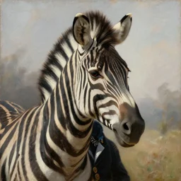 zebra, a head and shoulders portrait painting of an zebra wearing a colonial outfit without a hat looking off camera, a character portrait, american romanticism, oil on canvas, soft focus