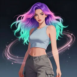 a award winning half body portrait of a beautiful woman in a croptop and cargo pants with ombre purple pink teal hairstyle surrounded by whirling illuminated lines, outrun, vaporware, shaded flat illustration, digital art, trending on artstation, highly detailed, fine detail, intricate sensual